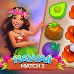 Hình ảnh một người phụ nữ mặc trang phục Hawaii vui vẻ bên cạnh một bảng ghép hình với các loại trái cây nhiệt đới