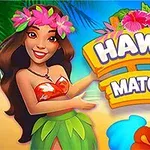 Người phụ nữ trong trang phục truyền thống Hawaii đang đứng cạnh biểu ngữ màu sắc với chữ “HAWAII MATCH 4” và các hình dạng nhiều màu sắc ở phía trước