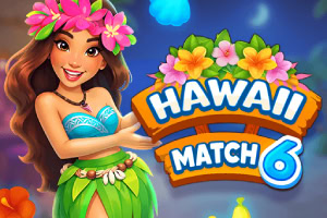 Cô gái Hawaii đội vòng hoa, mặc trang phục xanh lá bên cạnh logo chữ HAWAII MATCH 6 đầy màu sắc