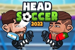 Hai nhân vật hoạt hình với quốc kỳ Argentina và Bồ Đào Nha trên áo, đối mặt nhau với chữ HEAD SOCCER 2022 phía trên