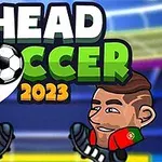 Hai nhân vật hoạt hình đang chuẩn bị chơi bóng đầu dưới dòng chữ HEAD SOCCER 2023 với một sân vận động làm nền