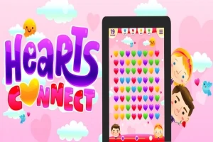 Giao diện thiết kế đồ họa với chữ Hearts Connect màu sắc nổi bật, nền hồng có mây và trái tim, cùng một thiết bị hiển thị trò chơi xếp hình trái tim nhiều màu sắc