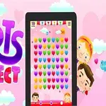 Giao diện thiết kế đồ họa với chữ Hearts Connect màu sắc nổi bật, nền hồng có mây và trái tim, cùng một thiết bị hiển thị trò chơi xếp hình trái tim nhiều màu sắc