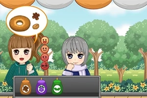 Hai nhân vật anime đứng trước quầy, một người nghĩ về bánh vòng và có các lọ gia vị màu sắc khác nhau phía trước, với nền là công viên xanh mát