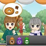 Hai nhân vật anime đứng trước quầy, một người nghĩ về bánh vòng và có các lọ gia vị màu sắc khác nhau phía trước, với nền là công viên xanh mát