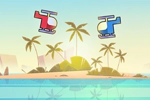 Hai chiếc trực thăng hoạt hình màu đỏ và xanh bay trên một hòn đảo nhiệt đới với cây cọ và biển xanh