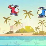 Hai chiếc trực thăng hoạt hình màu đỏ và xanh bay trên một hòn đảo nhiệt đới với cây cọ và biển xanh
