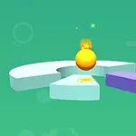 Một quả bóng màu vàng đang nhảy qua các nền tảng hình khối với nền màu xanh lá cây