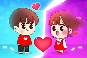 Hình vẽ hai nhân vật hoạt hình dễ thương đang nhìn nhau với trái tim và nền màu xanh tím ở giữa
