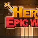 Chữ Hero Epic War màu vàng và đỏ trên nền tường gạch với hai thanh kiếm chéo phía sau