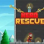 Một hiệp sĩ mặc giáp đứng trước một tháp lớn với dòng chữ Hero Rescue ở trên, trời xanh và núi non xung quanh