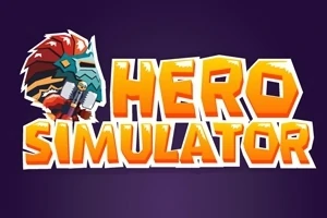 Dòng chữ HERO SIMULATOR nổi bật với màu vàng cam và hình ảnh một người đội mũ giáp ở bên cạnh trên nền tím