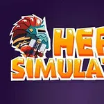 Dòng chữ HERO SIMULATOR nổi bật với màu vàng cam và hình ảnh một người đội mũ giáp ở bên cạnh trên nền tím