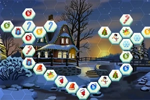 Ngôi nhà gỗ sáng đèn vào buổi tối mùa đông phủ tuyết, với các biểu tượng lễ hội sắc màu nằm trên các ô lục giác phía trước