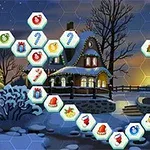 Ngôi nhà gỗ sáng đèn vào buổi tối mùa đông phủ tuyết, với các biểu tượng lễ hội sắc màu nằm trên các ô lục giác phía trước