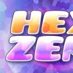Chữ HEX ZEN được hiển thị bằng phông chữ in đậm màu vàng và tím trên nền hình lục giác nhiều màu