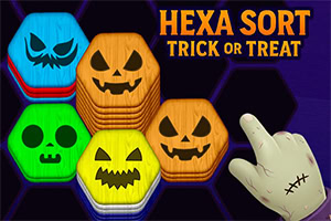 Hexa Sort Trick or Treat Các khối lục giác nhiều màu sắc có hình mặt bí ngô và mặt nạ ma cùng với ngón tay hình xương chỉ vào dòng chữ Hexa Sort Trick or Treat