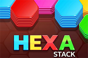 Các khối lục giác nhiều màu xếp chồng trên nền tối với dòng chữ HEXA STACK nổi bật ở phía dưới