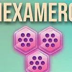 Hình ảnh có chữ HEXAMERGE phía trên ba hình lục giác màu hồng với chấm tròn đen, trên nền màu xanh lục nhạt