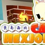 Một nhân vật mèo hoạt hình đứng trước lò sưởi với chữ CATS HEXJONG nổi bật phía trước