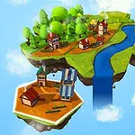 Hình ảnh một hòn đảo nổi trong không trung với các ngôi nhà, cây cối và con sông, cùng một mảnh đất nhỏ có vài ngôi nhà khác tách rời bên cạnh