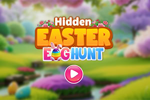 Chữ Hidden Easter Egg Hunt nổi bật trên nền phong cảnh thiên nhiên đầy màu sắc với cỏ xanh, hoa, và trứng phục sinh
