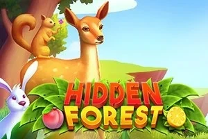 Hình ảnh một chú nai, sóc và thỏ đứng trước phong cảnh rừng, với dòng chữ Hidden Forest màu sắc rực rỡ ở phía trước