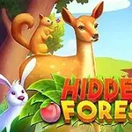 Hình ảnh một chú nai, sóc và thỏ đứng trước phong cảnh rừng, với dòng chữ Hidden Forest màu sắc rực rỡ ở phía trước