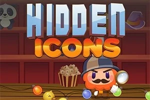 Nhân vật hoạt hình thám tử cầm kính lúp đứng trước giá sách với từ HIDDEN ICONS phía trên