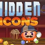 Nhân vật hoạt hình thám tử cầm kính lúp đứng trước giá sách với từ HIDDEN ICONS phía trên