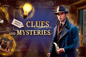 Người đàn ông mặc áo khoác dài và đội mũ đứng trong phòng tối với bóng đèn và chữ Clues and Mysteries