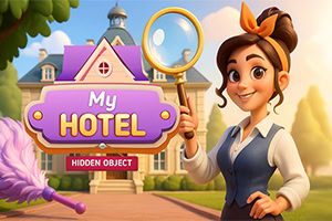 Nhân vật nữ hoạt hình cầm kính lúp đứng trước biển hiệu My Hotel và tòa nhà khách sạn kiểu cổ điển, khung cảnh rực rỡ