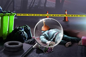 Một hiện trường vụ án với một thi thể nằm trên mặt đất, xung quanh có băng cảnh sát, hình nón giao thông, và một kính lúp phóng to hình ảnh cây thụt bồn cầu trên đầu người