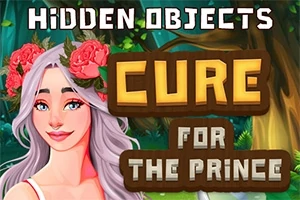 Một phụ nữ với mái tóc trắng, đội vòng hoa hồng, bên cạnh tiêu đề Hidden Objects: Cure for the Prince