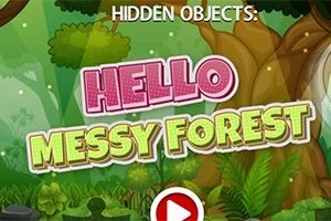 Chữ HELLO MESSY FOREST nổi bật trên hình nền rừng cây xanh tươi, kèm nút phát màu đỏ ở phía dưới