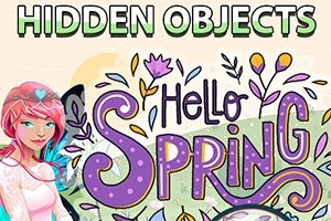 Hình ảnh một cô gái tóc hồng đứng cạnh chữ Hello Spring được trang trí bằng các họa tiết hoa lá nhiều màu sắc