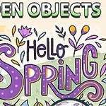 Hình ảnh một cô gái tóc hồng đứng cạnh chữ Hello Spring được trang trí bằng các họa tiết hoa lá nhiều màu sắc