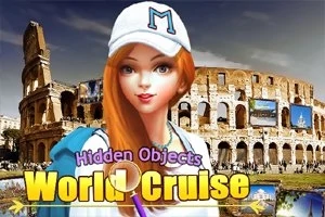 Người phụ nữ tóc đỏ đội mũ trắng đứng trước hình ảnh Colosseum với dòng chữ Hidden Objects World Cruise