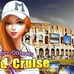 Người phụ nữ tóc đỏ đội mũ trắng đứng trước hình ảnh Colosseum với dòng chữ Hidden Objects World Cruise