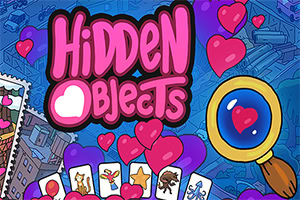 Hình ảnh có nền màu xanh với nhiều trái tim màu hồng và đỏ, cụm từ Hidden Objects nổi bật ở giữa, kèm kính lúp và các thẻ bài nhỏ phía dưới