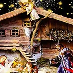 Hình ảnh mô tả cảnh Chúa giáng sinh với các tượng điêu khắc trong máng cỏ, có thiên thần, ngôi sao, và bầu trời đêm đầy sao