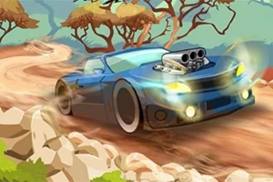 Xe hơi màu xanh đang drift nhanh trên đường đất, xung quanh có nhiều tảng đá và cây cối