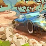 Xe hơi màu xanh đang drift nhanh trên đường đất, xung quanh có nhiều tảng đá và cây cối