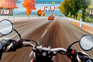 Góc nhìn thứ nhất từ xe máy đang đi trên con đường với hàng cây mùa thu hai bên, cùng với các thông số thời gian và điểm số hiển thị trên màn hình