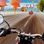 Góc nhìn thứ nhất từ xe máy đang đi trên con đường với hàng cây mùa thu hai bên, cùng với các thông số thời gian và điểm số hiển thị trên màn hình