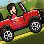 Một nhân vật hoạt hình lái chiếc xe jeep màu đỏ trên nền cảnh quan xanh