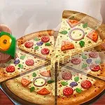 Một chiếc bánh pizza lớn được cắt thành tám miếng với các loại rau củ và thịt, bên cạnh là hình ảnh hoạt hình một chú hà mã đội mũ đầu bếp