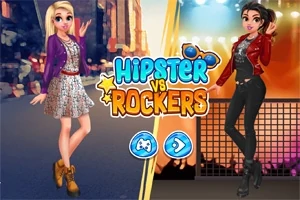 Hai nhân vật nữ phong cách thời trang hipster và rocker đứng đối diện nhau, với biểu ngữ Hipster vs Rockers giữa hình