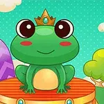 Chú ếch dễ thương đội vương miện ngồi trên bục gỗ giữa khung cảnh đầy màu sắc với bầu trời xanh, mây trắng và cây cối