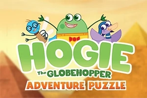 Ba nhân vật hoạt hình vui vẻ với dòng chữ Hogie the Globehopper Adventure Puzzle trên nền cảnh kim tự tháp màu vàng cam